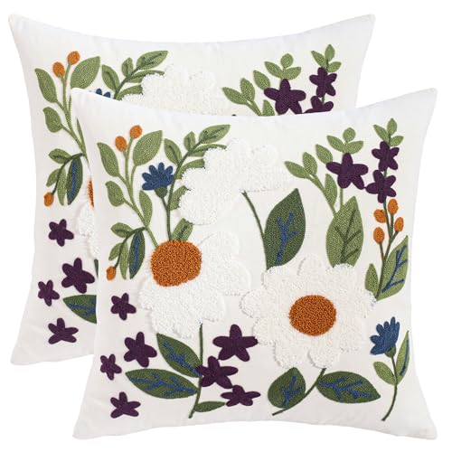 Embroidered Throw Pillow Covers 18x18 Pack of 2 Green Leaves Daisy - color: White Daisy