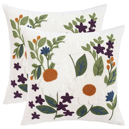 Embroidered Throw Pillow Covers 18x18 Pack of 2 Green Leaves Daisy - color: White Daisy