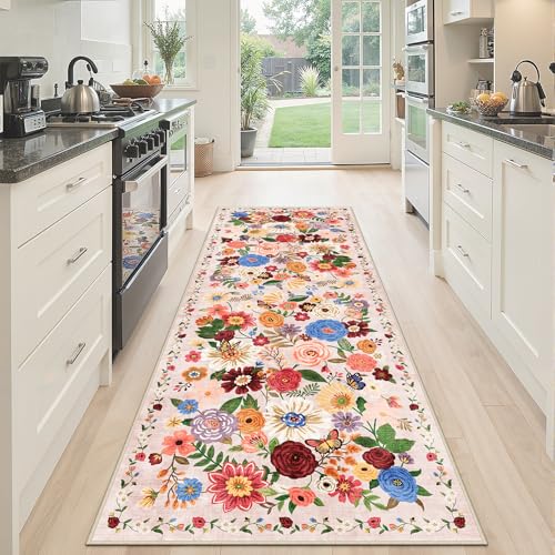 Washable Runner Rug 2x6 Beige Floral, Non Slip for Hallway, Kitchen - color: Blush Beige, size: 2' x 6' (Rectangular)
