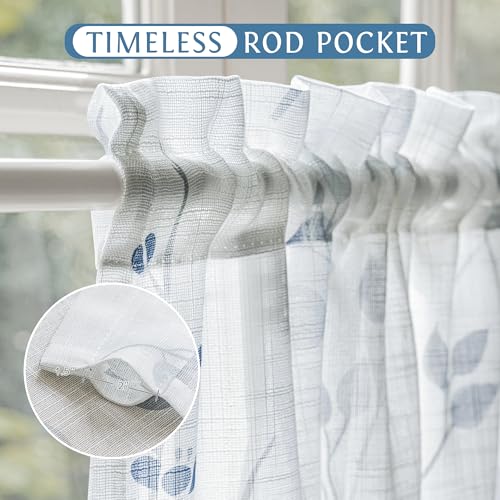 Beauoop Linen Floral Semi Sheer Valance Curtains Kitchen Blue Grey 52x18x1 - color: Rod Pocket | Blue and Grey, size: 50"W x 18"L (Pack of 1)