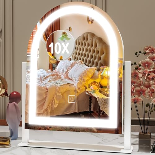 ROLOVE Lighted Makeup Mirror with 3-Color Dimmable Lighting, with Removable 10x Magnifier, Smart Touch Control, 360° Rotation, 15" x 13" Hollywood Vanity Mirror for Tabletop or Desk (White) - color: White, size: 15"L x 13"W