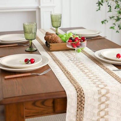 Simple&Opulence Boho Macrame Table Runner - 12 x 72 Inch, Splicing Burlap Farmhouse Cotton Table Runner with Fringed Edges for Bohemian Rustic Wedding, Bridal Shower, Dinner （Brown Pinstripe） - size: 12"x72", style: Brown Pinstripe