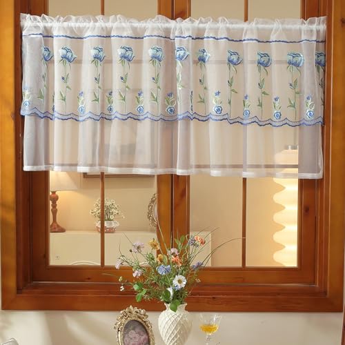 2 Panels Blue Rose Kitchen Tier Curtains 24 Inch Length, Double-Layered Lace Floral Embroidered Small Cafe Curtain, Light Filtering Short Curtains for Living Room Bathroom(Blue,39"x24") - color: Blue, size: 39"W x 24"L (Pack of 2)