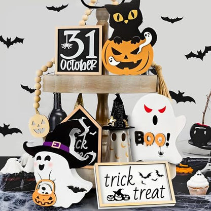 RCHCUDI 3 Piece Style Cute Wooden Ghosts Halloween Decorations indoor Table Decorations Cute Pumpkin Cat Signs Wizard Hat Wooden Blocks Boo Ghost Sign