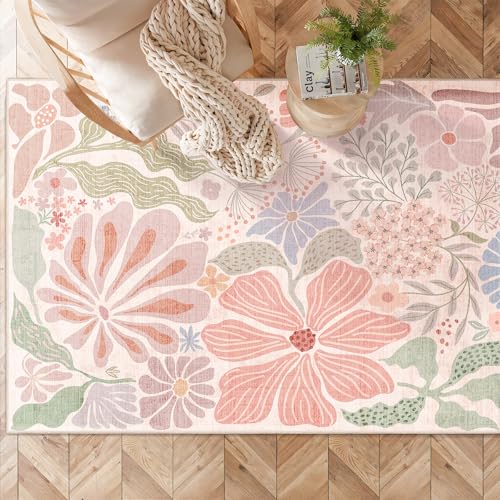 MUJOO Pink 3x5 Washable Rugs,Floral Area Rug Non Slip Low-Pile - color: Pink, size: 3' x 5' (Rectangular)