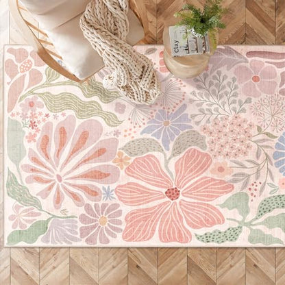 MUJOO Pink 3x5 Washable Rugs,Floral Area Rug Non Slip Low-Pile - color: Pink, size: 3' x 5' (Rectangular)