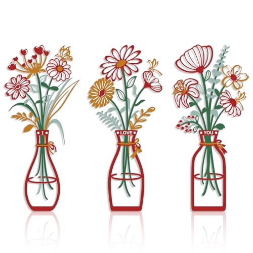 3 Pieces Metal Flowers Wall Art Decor, House Minimalist Bathroom Wall Decors Sculptures for Living Room Dining Room Bedroom Housewarming Gifts - color: Red-yellow