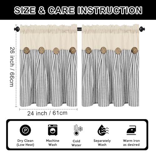 ASPMIZ Farmhouse Kitchen Curtains 24 Inch Length, Grey Stripe, 2 Panels - color: Beige&grey, size: 26"W x 24"L (Pack of 2)