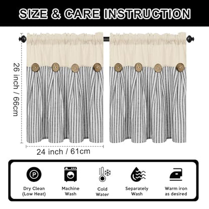 ASPMIZ Farmhouse Kitchen Curtains 24 Inch Length, Grey Stripe, 2 Panels - color: Beige&grey, size: 26"W x 24"L (Pack of 2)