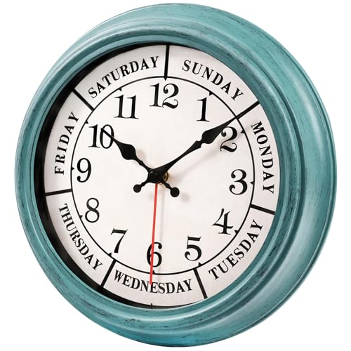 zyzamay 12 Inch Retro Wall Clock,Classic Day of The Week Wall Clock,Easy to Read,Non-Ticking Round Classic(Green) - color: 12 Week Green
