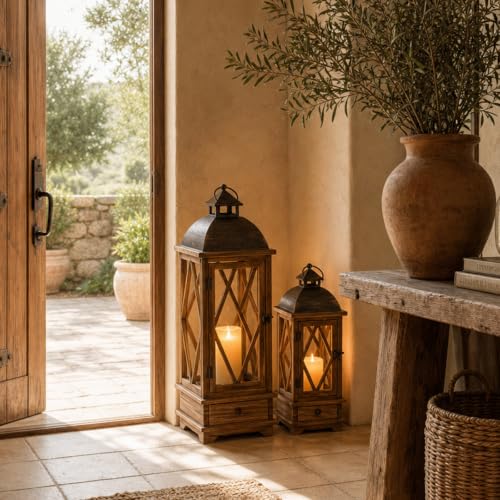 Decorative Wooden Candle Lanterns Set of 2, Rustic Farmhouse Indoor Outdoor