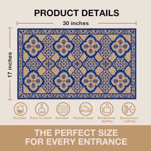 Blue Boho Tile Floral Faux Coco Coir Doormat Door Mat 17x30 Inch - color: Chinoiserie
