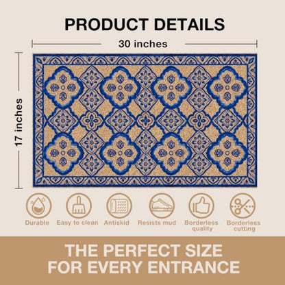 Blue Boho Tile Floral Faux Coco Coir Doormat Door Mat 17x30 Inch - color: Chinoiserie