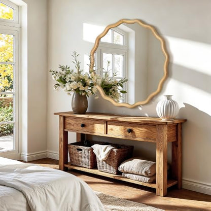 AMOISE Round Wavy Wall Mirror, 30" Circle Boho Scalloped Mirror - size: 30"L x 30"W
