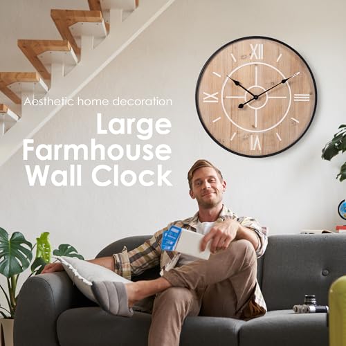 Large Farmhouse Wall Clock 24/30 Inch, Rustic Wood Veneer MDF Clock, Black Metal Frame, Silent Non-Ticking with Roman Numerals for Living Room Kitchen Bedroom - size: 30 inch