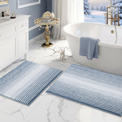 BSICPRO Bathroom Rugs Sets 2 Piece, Non Slip Striped Bath Mats, Fog Blue - color: Fog Blue, size: 20" x 32" Plus 16" x 24"