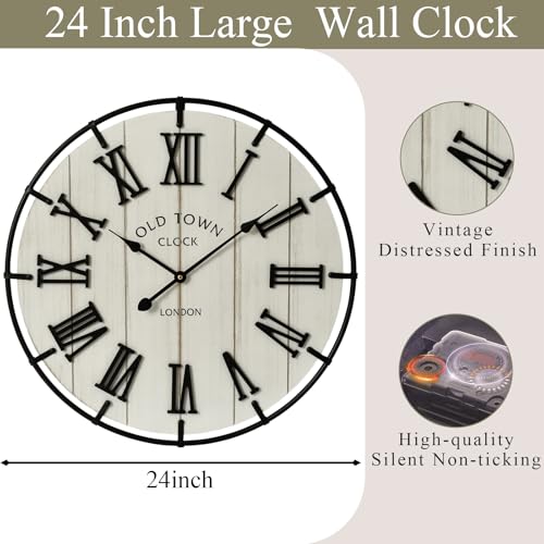 EMAX HOMELarge 24 Inch Farmhouse Style Wall Clock, Distressed Wood Look, Non-Ticking Quartz Movement, Classic Black Roman Numerals and Metal Frame, for Living Room Wall, Bedroom - color: White, size: 24 Inch Roman numerals