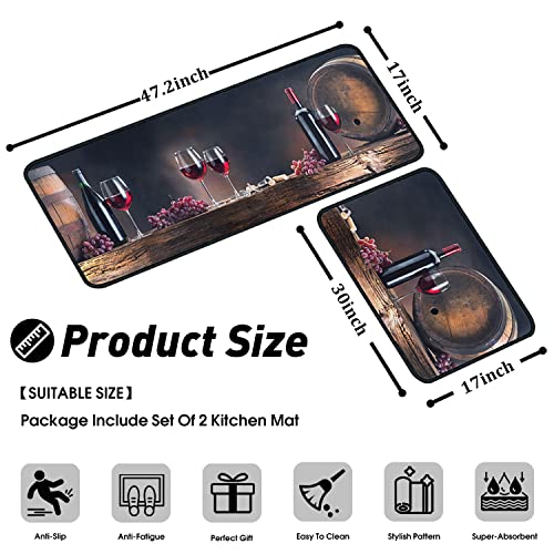 Wine Grape Kitchen Rugs Set of 2, Vintage Wine Barrel Bottle Glass Floor Mats,Absorbent Non Slip Farmhouse Kitchen Runner Rug for Sink Laundry Room Decor, 17"x30"+17"x47" - color: Red Wine