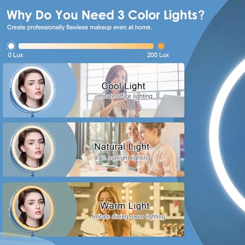 DEIOVWXS Makeup Mirror, Rechargeable Vanity Mirror with 3 Lights, 1X/10X - color: Blue