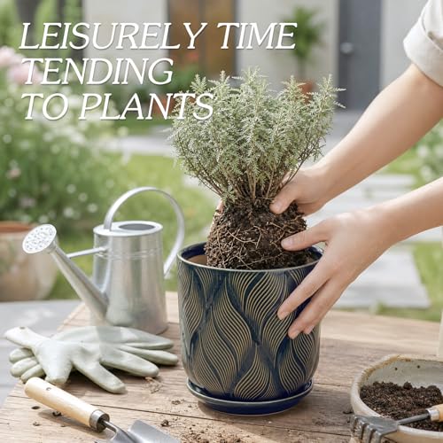7.2 Inch Modern Ceramic Glaze Plant Pot with Drainage Hole,Mesh Net,Saucer,Indoor Outdoor Planter(Leaf-Blue) - color: Leaf-blue