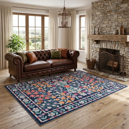ThreadGlobe Patterned Washable 5x7 Area Rugs Modern for Living Room, Blue - color: Blue Flower, size: 5' x 7'