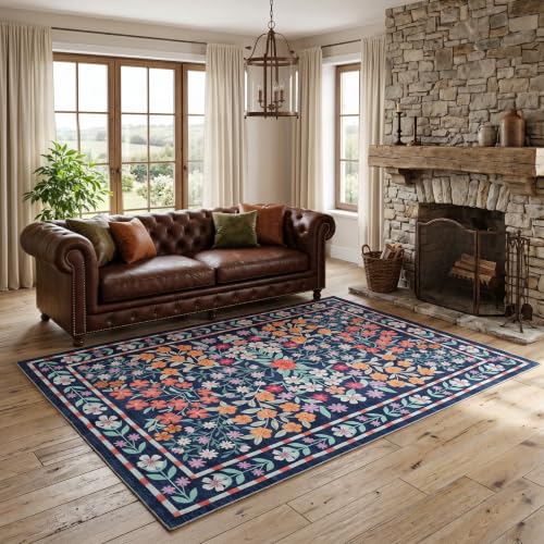 ThreadGlobe Patterned Washable 5x7 Area Rugs Modern for Living Room, Blue - color: Blue Flower, size: 5' x 7'