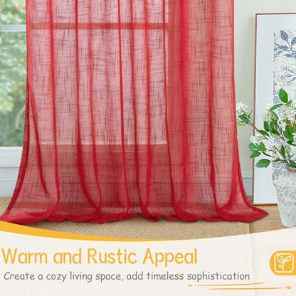YoungsTex Red Linen 주방 창문 커튼 91.4cm(36인치) 길이 - 뒷면 탭 로드 포켓이 있는 작은 세미 시어 드레이프 경량 욕실 카페 창문용, 패널 2개, 86.4 x 91.4cm(34 x 36인치) - color: 2-레드, size: 34"W x 36"L (Pack of 2)