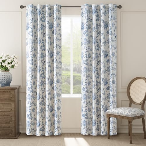 jinchan Blue Floral Blackout Curtains 84 Inch Vintage Back Tab 2 Panels - color: *Blue, size: 40"W x 84"L (Pack of 2)