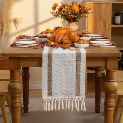 120 inch Table Runner Khaki Double Striped Boho Fall Decor - color: Khaki Double Stripes