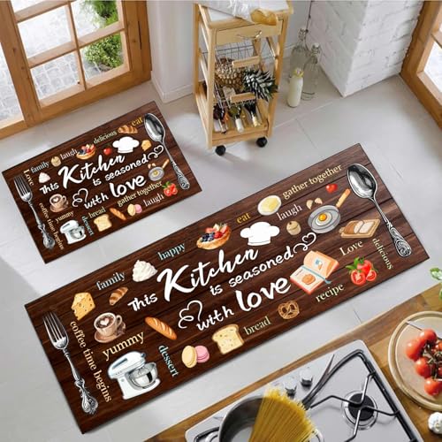 Kitchen Mats for Floor 2 Piece Set,Farmhouse Kitchen Rug Vintage Style Theme Decor,Absorbent Washable Non-Slip Floor Mats 17"x47"+17"x30" - color: Kitchen Brown