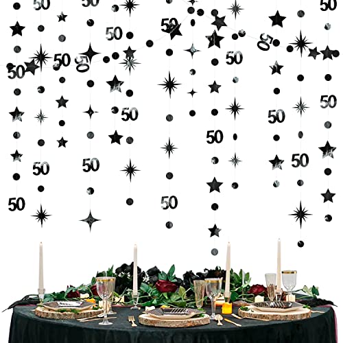 Black 50th Birthday Decorations Number 50 Circle Dot Twinkle Star Garland Metallic Hanging Streamer Bunting Banner Backdrop for 50 Year Old Birthday Happy 50th Anniversary Fiftieth Party Supplies - color: Black