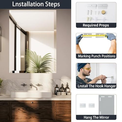 22x30 Inch Frameless Wall Mirror with 1" Beveled Edge, Frameless Rectangle Mirror for Bathroom, Vanity, Living Room - size: 22"L x 30"W