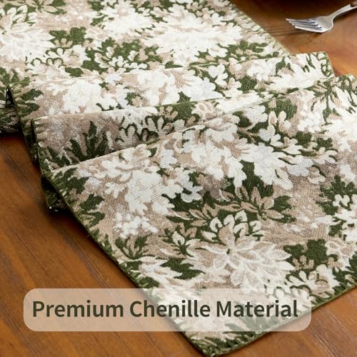 ORTIGIA Vintage Floral Fall Table Runner, Green Brown Chenille，13x48 Inch