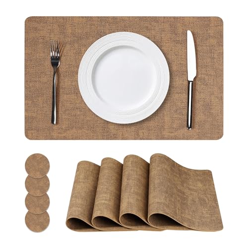 NCUE Vinyl Placemats Set of 4, 17"x12" Wipeable Place Mats with Coasters - color: Light Brown, size: Set of 4