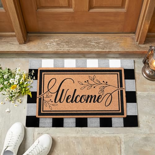2-Piece Layered Welcome Mat Set - Coir Doormat & Buffalo Plaid Rug - color: Leaf Welcome 2