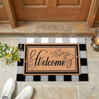 2-Piece Layered Welcome Mat Set - Coir Doormat & Buffalo Plaid Rug - color: Leaf Welcome 2