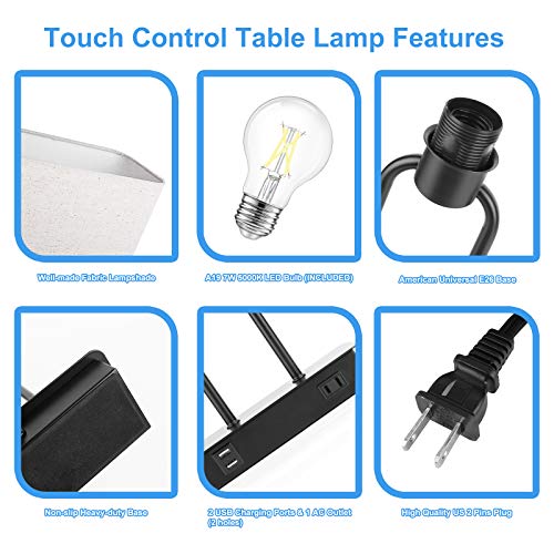 Bedside Touch Control 3 Way Dimmable Table Lamp with Cream Fabric Shade - color: Cream