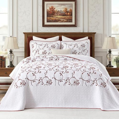 100% Cotton Oversized King Bedspreads 128x120, Burgundy White - color: White/Burgundy, size: Extra Wide Super King(128"x120")