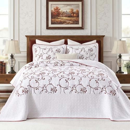 100% Cotton Oversized King Bedspreads 120x120, Burgundy White - color: White/Burgundy, size: King/Cal King(120"x120")