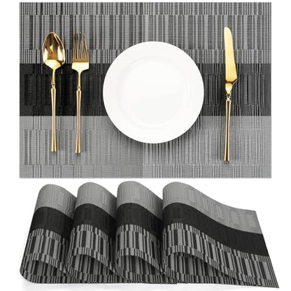 Placemats Set of 4, Vinyl Woven Heat-Resistant Place Mats - color: Gray Black, size: Set of 4