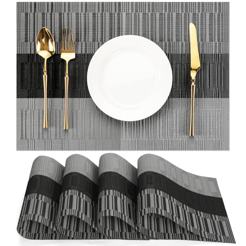 Placemats Set of 4, Vinyl Woven Heat-Resistant Place Mats - color: Gray Black, size: Set of 4