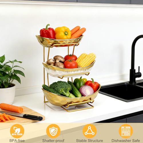 Fruit Bowl for Kitchen Counter, 3 Tier Gold Trim Ceramic Fruit Stand Basket for Countertop, Fruiti and Vegetable Rack with Thickened Metal Holder, Vegetable Dessert Nuts Storage (Gold) - color: Gold