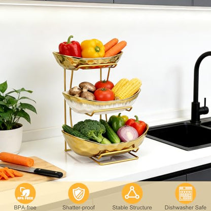 Fruit Bowl for Kitchen Counter, 3 Tier Gold Trim Ceramic Fruit Stand Basket for Countertop, Fruiti and Vegetable Rack with Thickened Metal Holder, Vegetable Dessert Nuts Storage (Gold) - color: Gold