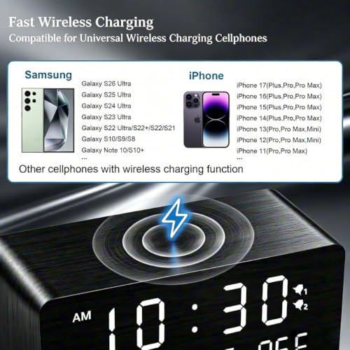 Premium Black Wooden Digital Alarm Clock with Wireless Phone Charger, Dual USB Charging Ports, Dimmable LED Display, Date and Day of Week, Small Digital Desk Clock for Bedroom Nightstand Bedside Table - color: Black