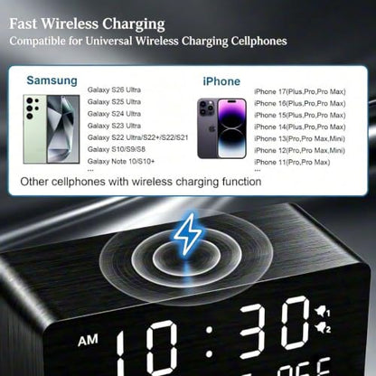 Premium Black Wooden Digital Alarm Clock with Wireless Phone Charger, Dual USB Charging Ports, Dimmable LED Display, Date and Day of Week, Small Digital Desk Clock for Bedroom Nightstand Bedside Table - color: Black