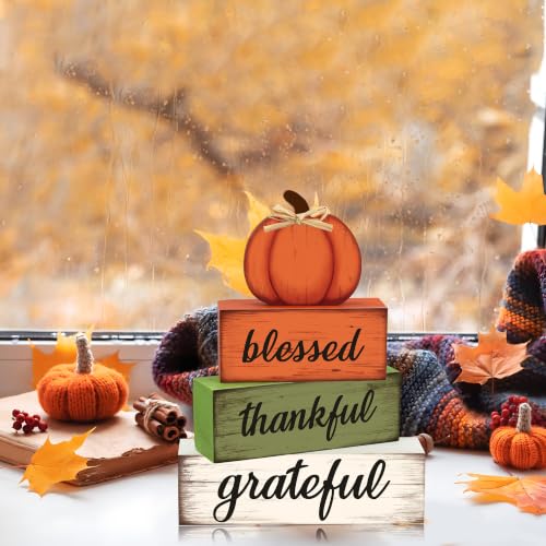 4 Pcs Fall Wooden Table Sign Fall Wooden Tiered Tray Decor Thankful Blessed Grateful Tabletop Signs Farmhouse Pumpkin Wood Blocks for Autumn Thanksgiving Harvest Home Kitchen Table Shelf Decor
