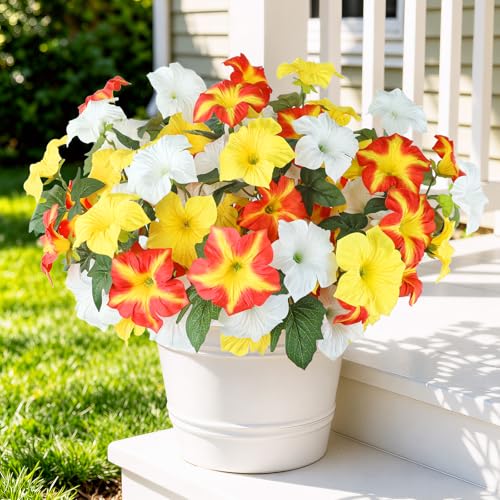 Uieke Artificial Flowers for Outdoors, 24PCS Faux Petunias Outdoor Uv Resistant Silk Flower, Spring Decorations for Home Garden Patio Porch, Yellow&White - color: Yellow & White