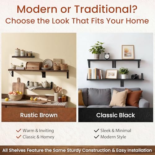BAYKA Wall Mounted Floating Shelves (Rustic Brown, Set of 4, 16" Mixed) - color: C. Rustic Brown Board & Black Brackets, size: 16 inches Mixed