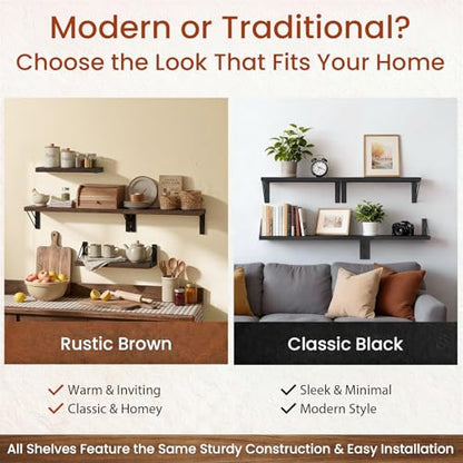BAYKA Wall Mounted Floating Shelves (Rustic Brown, Set of 4, 16" Mixed) - color: C. Rustic Brown Board & Black Brackets, size: 16 inches Mixed