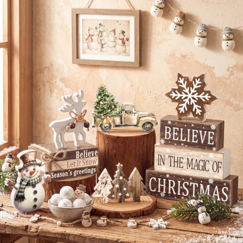 11 Pcs Christmas Table Decorations Christmas Tiered Tray Decorations Set Snowman Reindeer Wooden Stack Signs for Winter Xmas Party Home Kitchen Shelf - style: Christmas